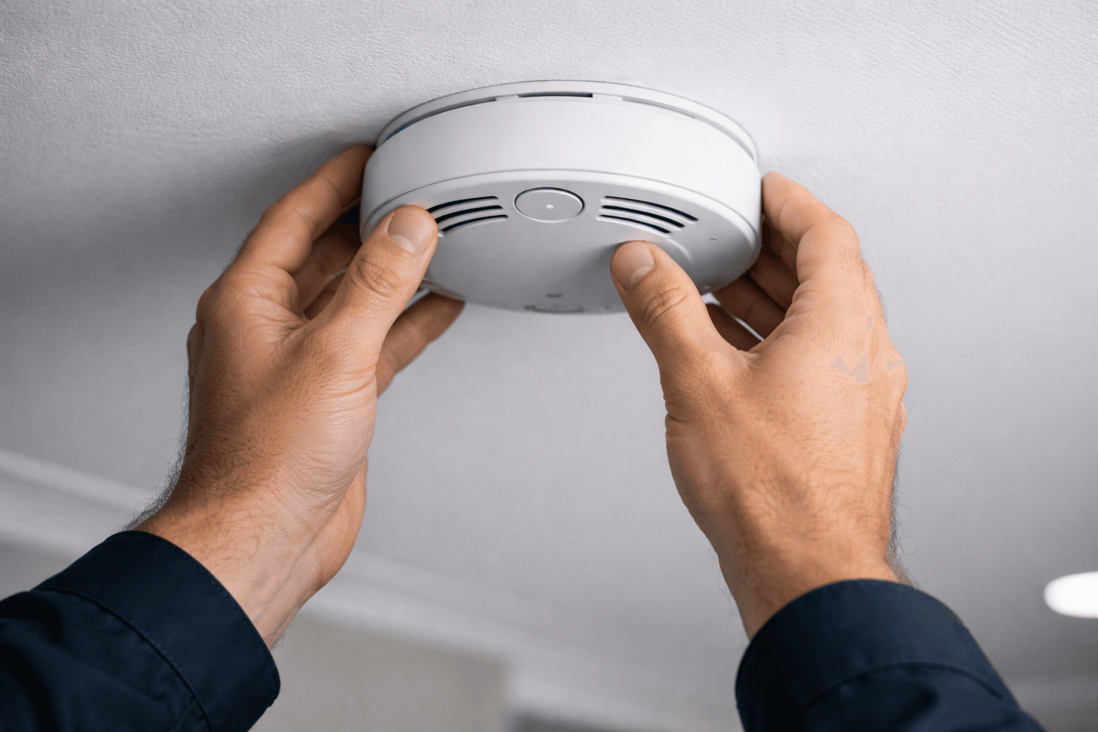 Technician installing a smoke alarm